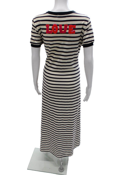 Gallabia Women Kaftan Dress Blue Striped Cotton Round Neck Short Sleeve Size S