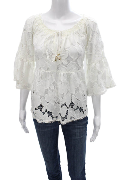 Vanita Rosa Women Tunic White Floral Off Shoulder 3/4 Sleeve Cotton Size One
