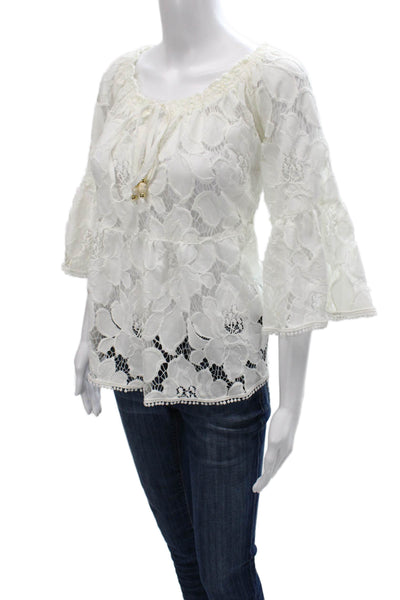 Vanita Rosa Women Tunic White Floral Off Shoulder 3/4 Sleeve Cotton Size One