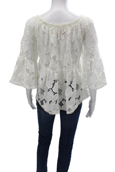Vanita Rosa Women Tunic White Floral Off Shoulder 3/4 Sleeve Cotton Size One