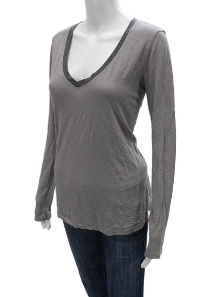 Michael Stars Women Basic Gray Cotton V-Neck Long Sleeve T-Shirt Size One Size