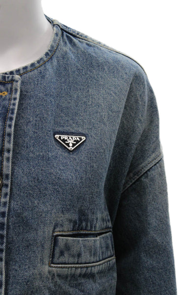 Prada Women Basic Jacket Blue Cotton Button Long Sleeve Fall Size 36