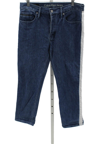 Calvin Klein Jeans Unisex Adults Straight Jeans Blue Striped Cotton Size 29