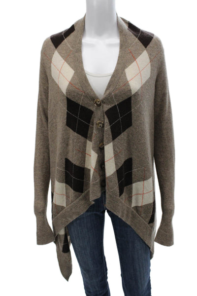 Autumn Cashmere Women Cardigan Brown Cashmere Argyle V-Neck Long Sleeve Size XS