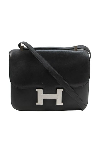 Hermes Womens Leather Adjustable Constance 24 Silver Hardware Flap Handbag Black