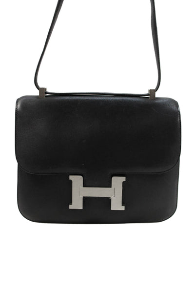 Hermes Womens Leather Adjustable Constance 24 Silver Hardware Flap Handbag Black