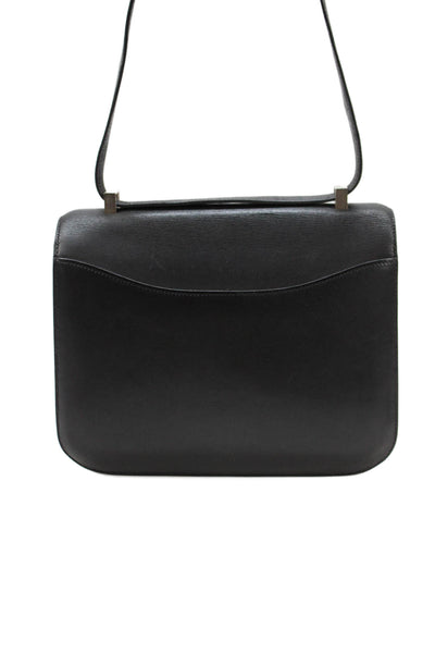 Hermes Womens Leather Adjustable Constance 24 Silver Hardware Flap Handbag Black