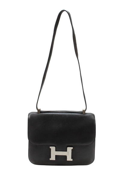 Hermes Womens Leather Adjustable Constance 24 Silver Hardware Flap Handbag Black