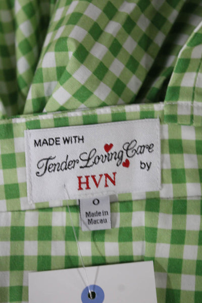 HVN Womens Green Gingham Cotton Square Neck Sundress Knee-Length Button Size 0
