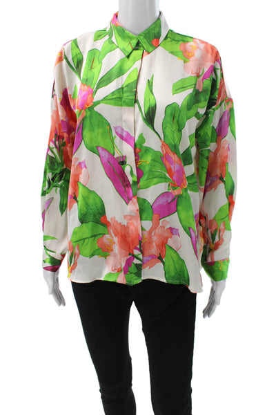 Zara Womens White Floral Collared Long Sleeve Polyester Blouse Size M