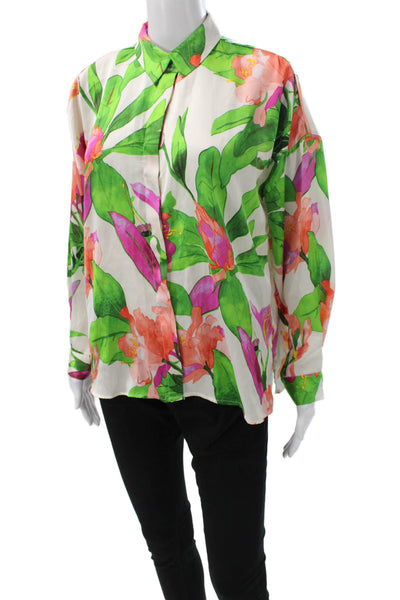 Zara Womens White Floral Collared Long Sleeve Polyester Blouse Size M