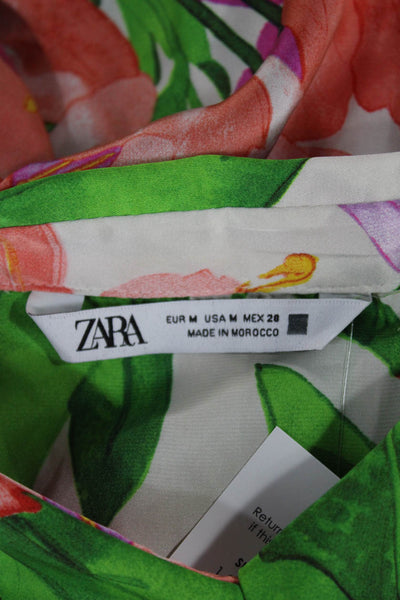 Zara Womens White Floral Collared Long Sleeve Polyester Blouse Size M