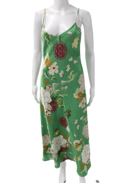 Zara Womens Slip Dress Green Floral V-Neck Midi Sleeveless Polyester Size M