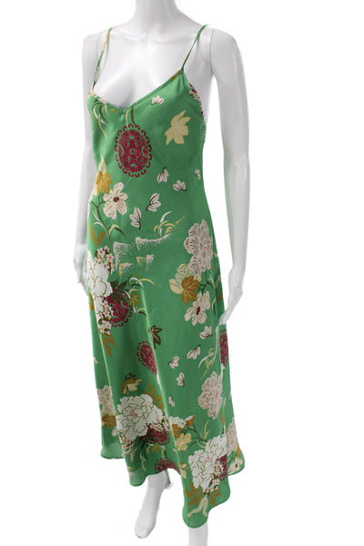 Zara Womens Slip Dress Green Floral V-Neck Midi Sleeveless Polyester Size M