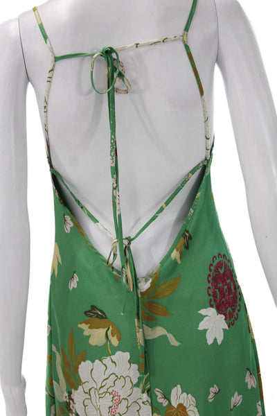 Zara Womens Slip Dress Green Floral V-Neck Midi Sleeveless Polyester Size M