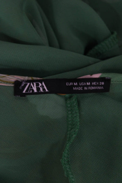 Zara Womens Slip Dress Green Floral V-Neck Midi Sleeveless Polyester Size M