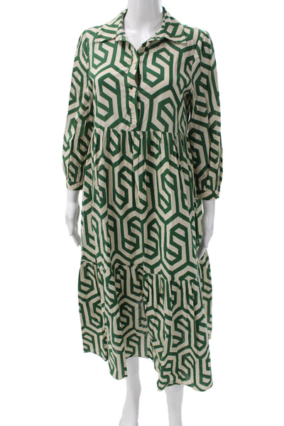 Zara Women Shirt Dress Green Collared Midi Long Sleeve Geometric Size S