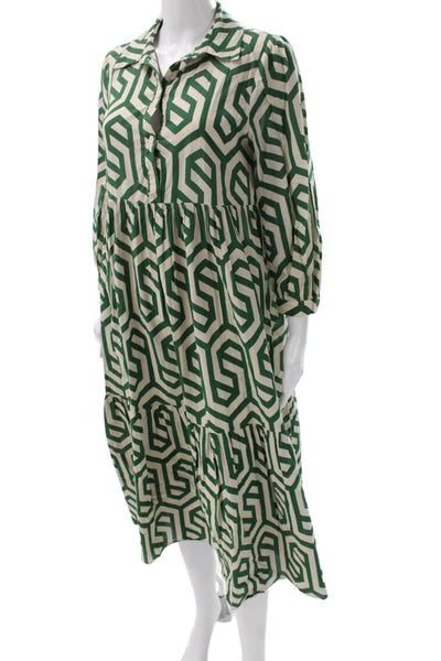 Zara Women Shirt Dress Green Collared Midi Long Sleeve Geometric Size S
