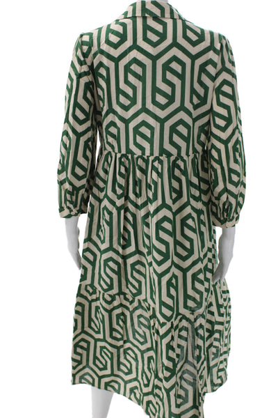 Zara Women Shirt Dress Green Collared Midi Long Sleeve Geometric Size S