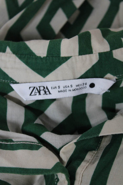 Zara Women Shirt Dress Green Collared Midi Long Sleeve Geometric Size S
