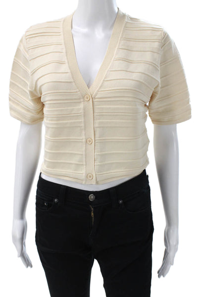 Oak + Fort Women Beige V-Neck Short Sleeve Cardigan Polyester Size S