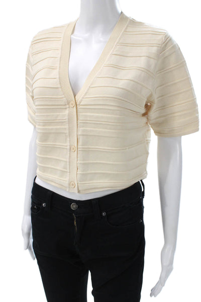 Oak + Fort Women Beige V-Neck Short Sleeve Cardigan Polyester Size S