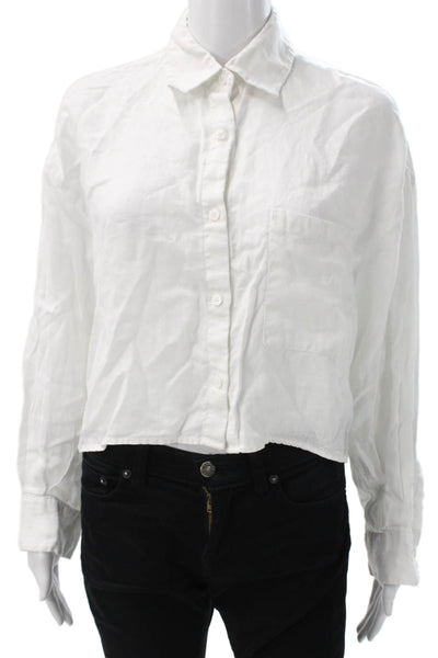 Zara Women Linen Collared Long Sleeve Basic Button-Up White Size S