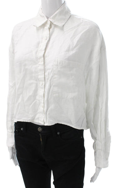 Zara Women Linen Collared Long Sleeve Basic Button-Up White Size S