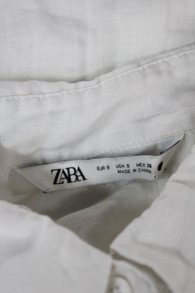 Zara Women Linen Collared Long Sleeve Basic Button-Up White Size S