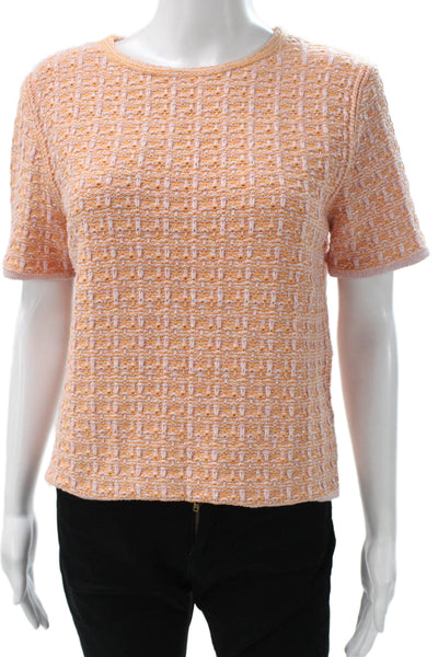 MNG Womens Basic Orange Short Sleeve Round Neck Check Knit T-Shirt Size M