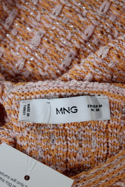 MNG Womens Basic Orange Short Sleeve Round Neck Check Knit T-Shirt Size M