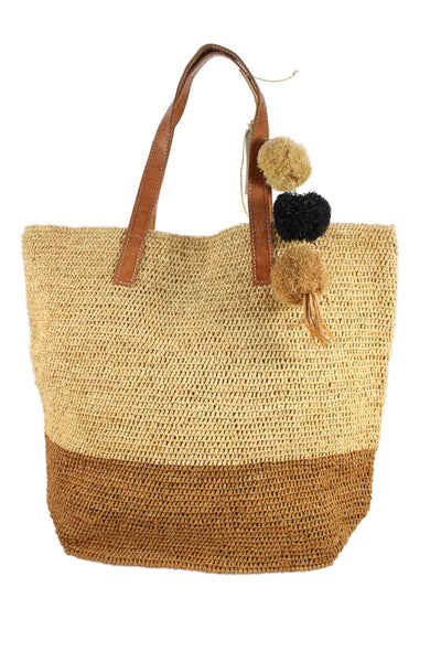 mar Y sol Womens Straw Button Closure Shopper Shoulder Handbag Beige Brown