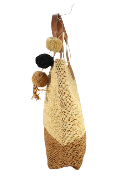 mar Y sol Womens Straw Button Closure Shopper Shoulder Handbag Beige Brown