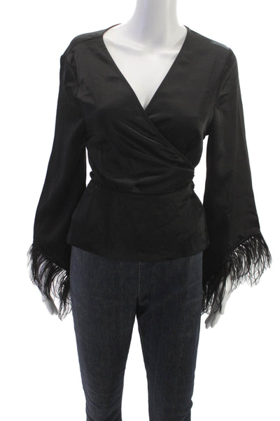 Wayf Womens Kimono Blouse Black V-Neck Long Sleeve Tie Size M