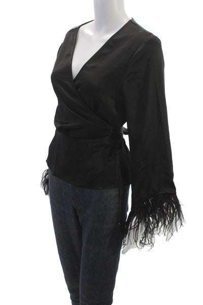 Wayf Womens Kimono Blouse Black V-Neck Long Sleeve Tie Size M