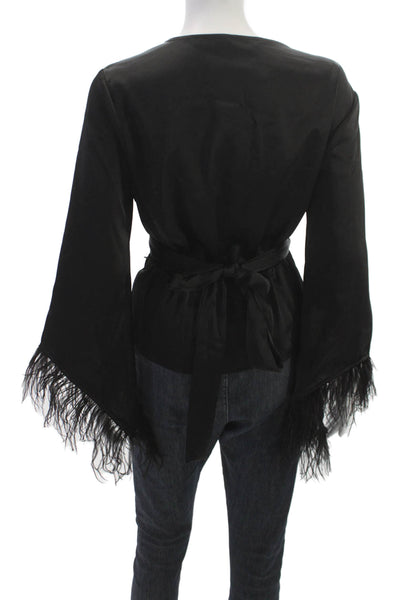 Wayf Womens Kimono Blouse Black V-Neck Long Sleeve Tie Size M