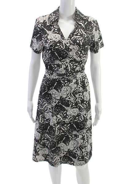 Brooks Brothers Womens Black Butterfly Wrap Dress Collared Tie Waist Size M