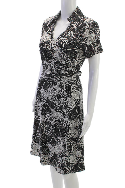 Brooks Brothers Womens Black Butterfly Wrap Dress Collared Tie Waist Size M