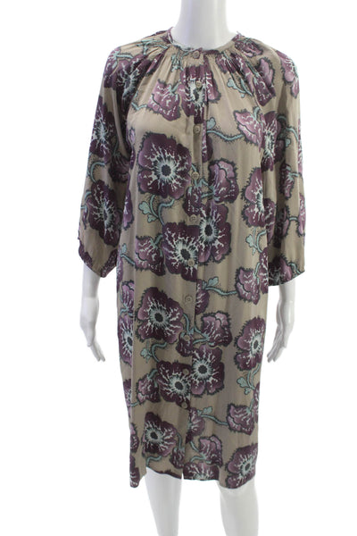 Tucker Womens Beige Silk Blend Shirt Dress 3/4 Sleeve Round Neck Size PP
