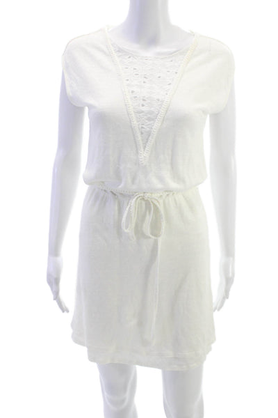 Maje Women Shift Dress White Linen V Neck Short Sleeve Short Size 1