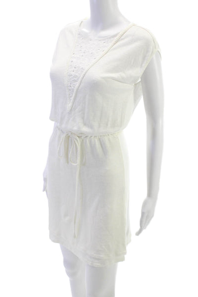 Maje Women Shift Dress White Linen V Neck Short Sleeve Short Size 1