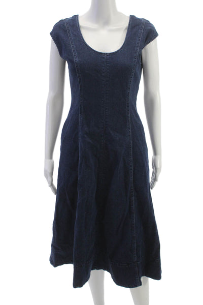 Madewell Women A-Line Blue Dress Scoop Neck Short Sleeve Zip Size 2