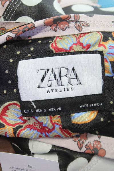 Zara Womens A-Line Leather Floral Skirt Multicolor Zip Fall Size S