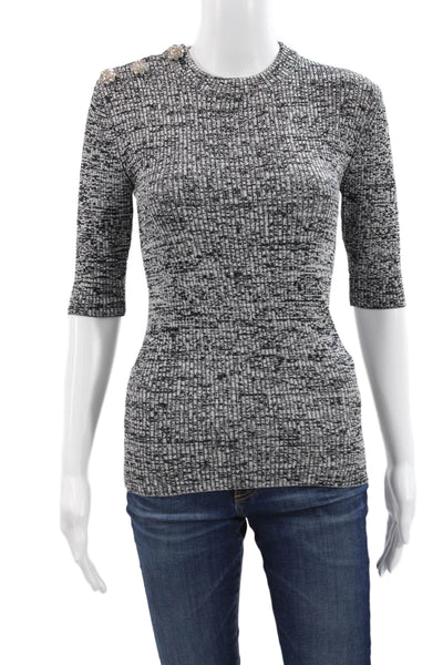 Ganni Women Basic T-Shirt Mock Neck 3/4 Sleeve Black Striped Rayon Size S