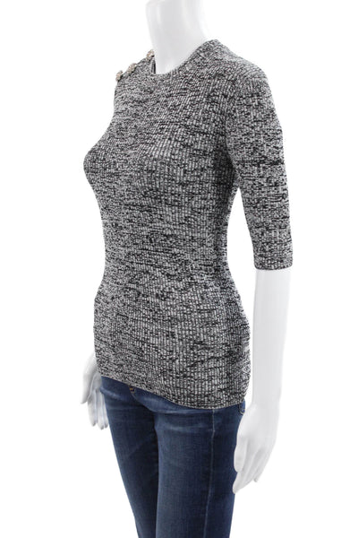 Ganni Women Basic T-Shirt Mock Neck 3/4 Sleeve Black Striped Rayon Size S