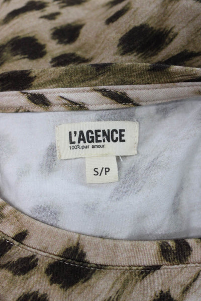 L'Agence Women Beige Animal Print Crewneck Short Sleeve T-Shirt Size S Petite