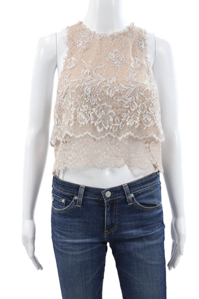 Cinq A Sept Women Cropped Floral High Neck Sleeveless Button Tank Beige Size S