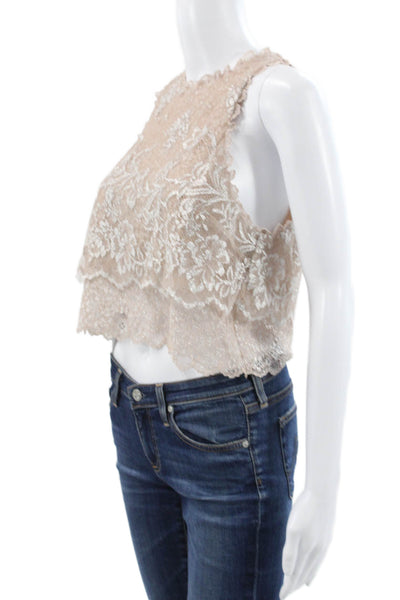Cinq A Sept Women Cropped Floral High Neck Sleeveless Button Tank Beige Size S