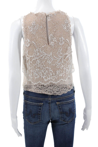 Cinq A Sept Women Cropped Floral High Neck Sleeveless Button Tank Beige Size S