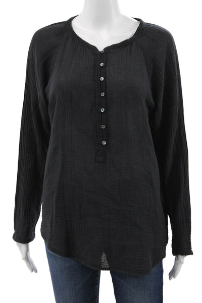 Xirena Women Black Henley Long Sleeve Blouse Basic Cotton Size S